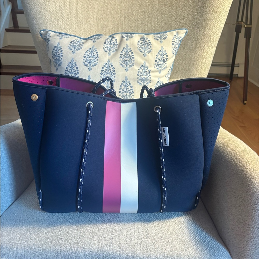 Navy and pink /white stripe neoprene tote